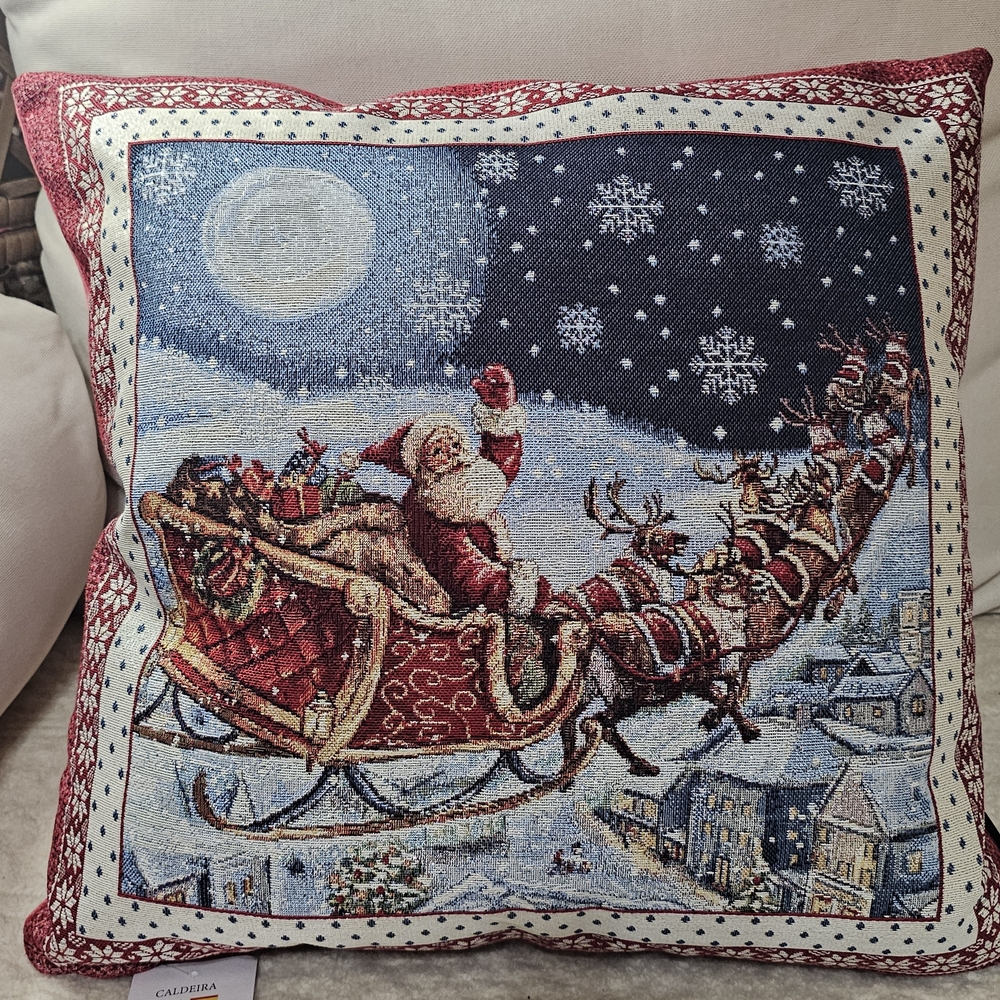 Holiday Santa and Sleigh Tapestry Pillow Please No Low Offers - Picture 2 of 4